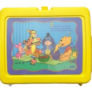 Disney Winnie the Pooh Yellow Plastic Lunchbox With Matching Thermos Vintage